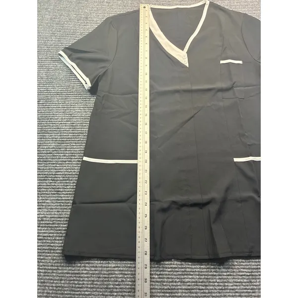 Womens Black White Trim V-Neck Scrub Top Short Sleeve Housekeeping Uniform Large - Image 6