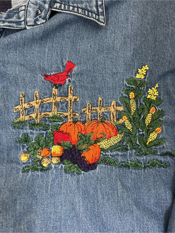 VTG 90’s Solution Originals Embroidered Fall Scene Denim Button Up Shirt Size L - Image 8