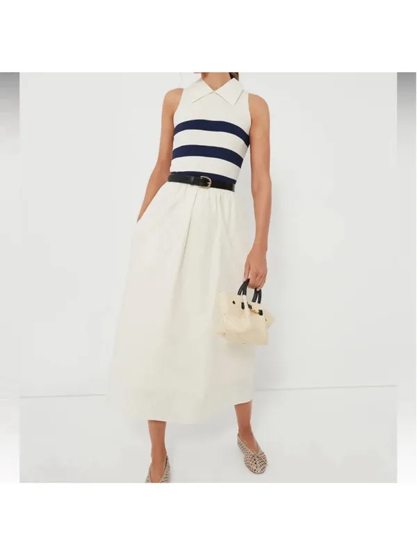 Tuckernuck Ivory Stripe Marina Midi Dress Small Collared Coastal Nautical Prep - Image 2