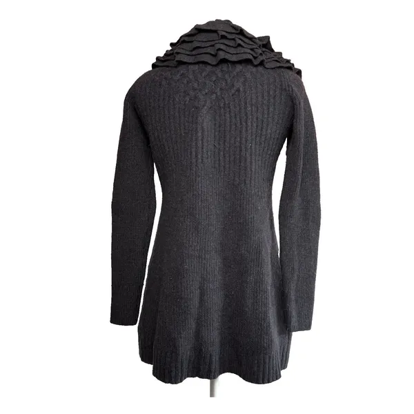 Tahari Long Cardigan Sweater Jacket 100% Merino Wool Size Small Gray Ruffle Snap - Image 3