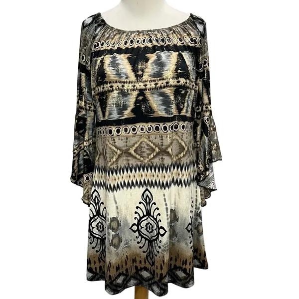 Parker Mini‎ Dress XS Black Gray Tan Gold Abstract Stretch Bell Sleeve Boho Chic - Image 2
