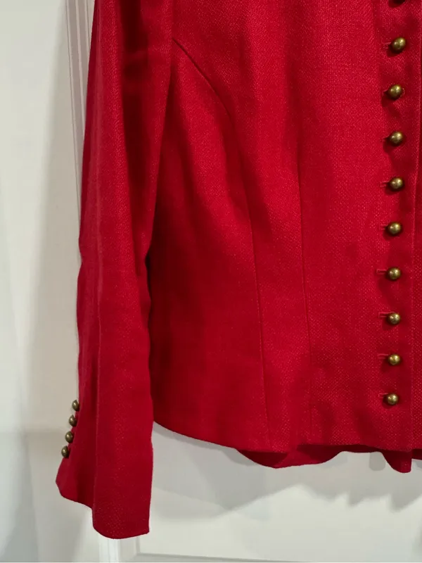 LAUREN Ralph Lauren Red Linen Military Jacket Mandarin Collar Brass Buttons Sz 6 - Image 6