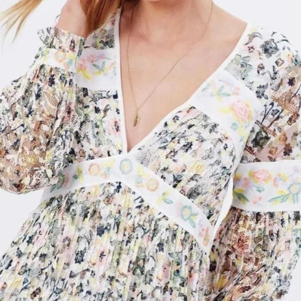 Free People Soli Plunge Long Sleeve Floral Lace Embroidered Mini Dress XS S - Image 2