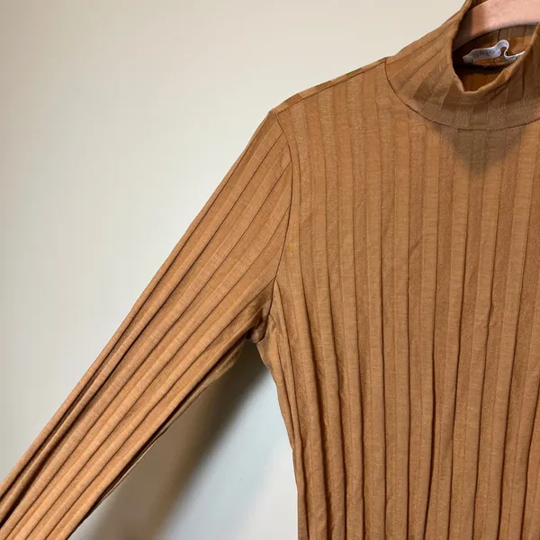 Reformation Brown Ribbed Mock Neck Long Sleeve Mini Dress Slit Size M USA - Image 4