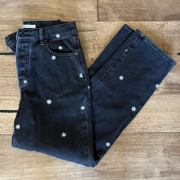 PacSun Black White Daisy Embroidered High Raise Straight Jeans - Image 2