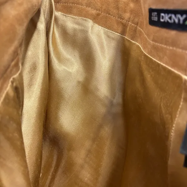 Y2K DKNY Tan Suede Leather Flared Pants Slit Trousers Fall Streetwear Retro - Image 8