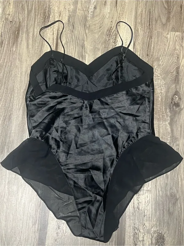 Vintage 90s Victorias Secret Black Satin Chiffon Ruffle Teddy Bodysuit Medium - Image 4