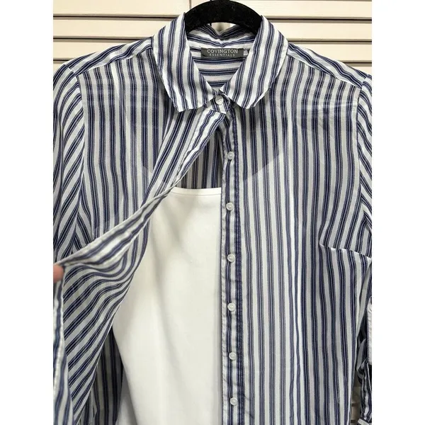 Covington Essentials Blue/White Stripe Long Tab Sl Button Up Blouse W/Tank Small - Image 2