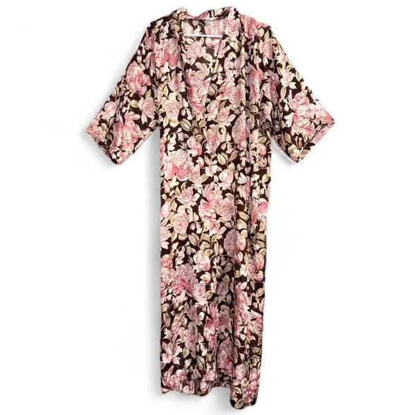 Floral Rose Brown Satiny Vintage Robe Kimono size Small/Medium - Image 2