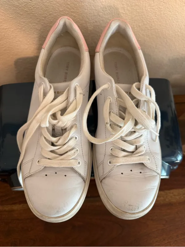Tory Burch Howell Court Sneaker White Leather w/ Pink lace up Shoes Size 7 - Image 10