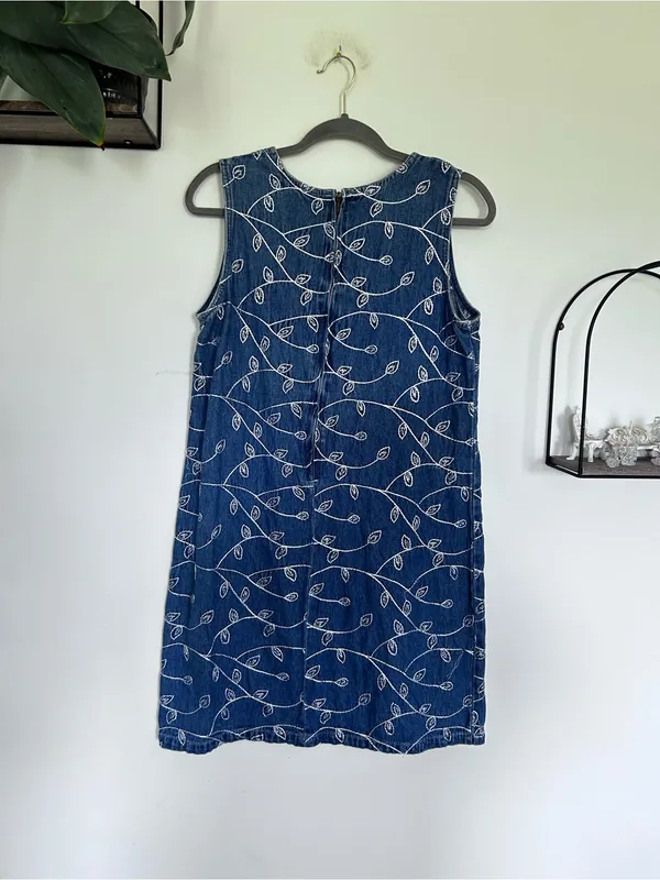 Vintage‎ J.L N.Y. Sport Denim Blue w/ White Embroidered Leaves Mini Dress Large - Image 2