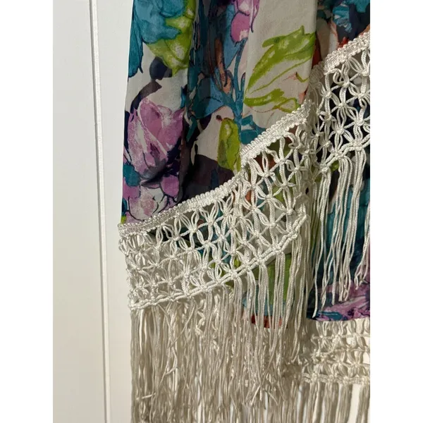 Floral Kimono Cover-Up With Fringe Hem & Tie Closure Multiple Colors M/L - Image 4