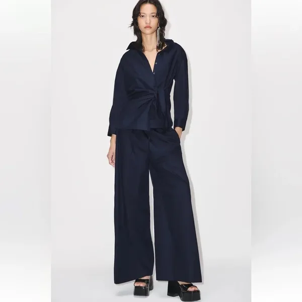 NWT ZARA navy blue wide-leg poplin trousers. Size Medium - Image 2