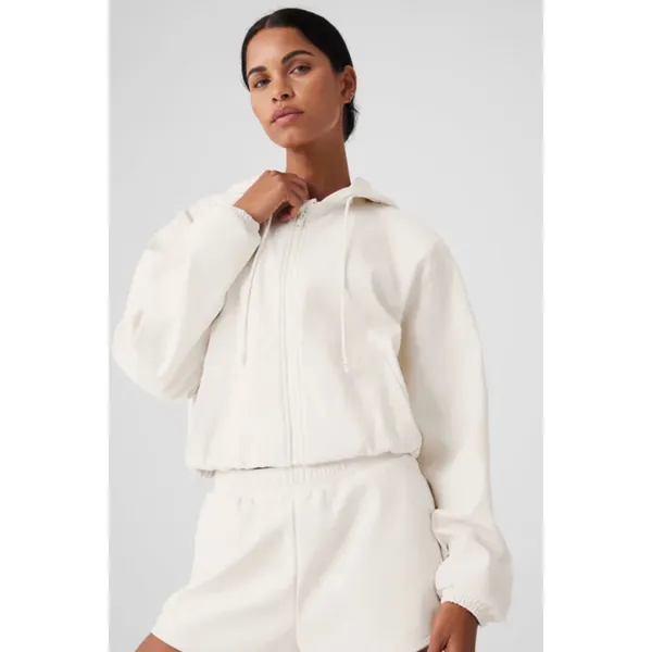 Alo Yoga Faux Leather Power Hour Full Zip Cropped Jacket Ivory XS - Image 2