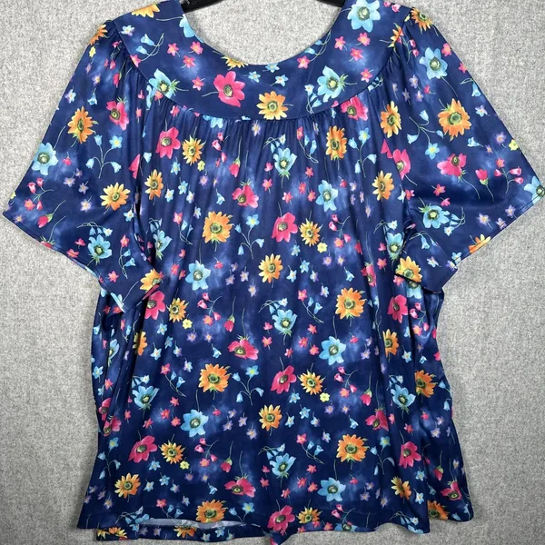 Vintage Plus Size 1X Womens Top MuuMuu Shirt Peasant Hawaiian Floral‎ Boho Blue - Image 11