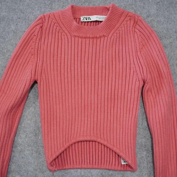 Zara Size Small Ribbed Knit Crop Top Pink Excellent Curved Hem Long Sleeve - Image 2