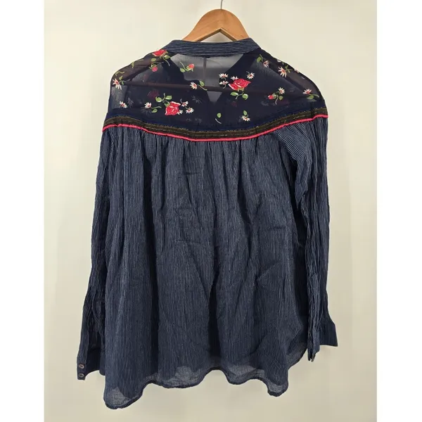 Free People Blouse Women Small Blue Wildflower Floral Embroidered Striped Henley - Image 3