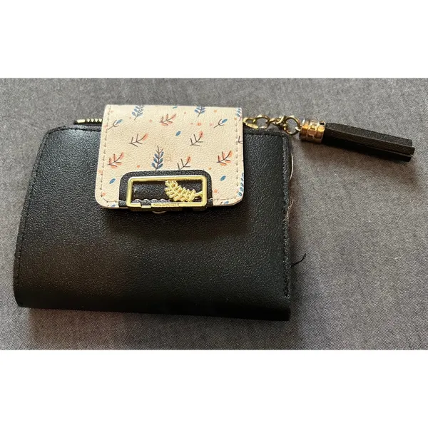 Womens Black Faux Leather Bifold Wallet Floral Snap Tassel Zipper Gold Leaf - Image 3