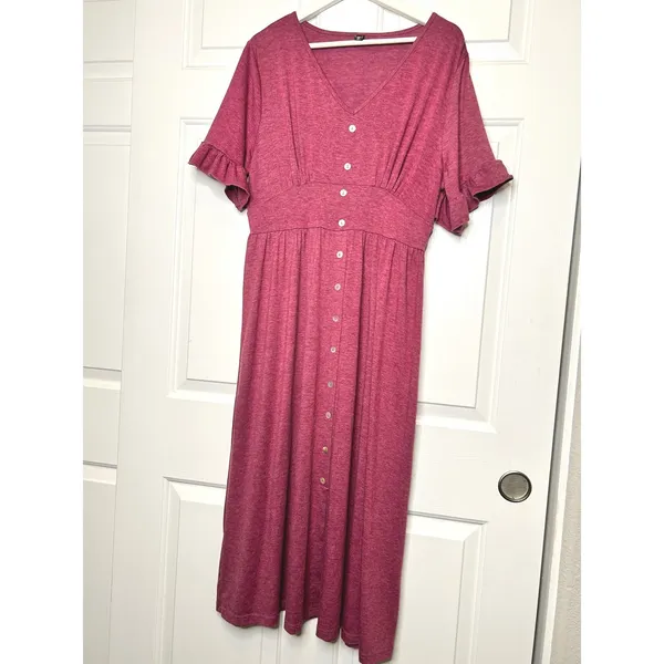 Allegra K V Neck Button Front Ruffle‎ Sleeve Midi Dress Fuchsia XL - Image 2