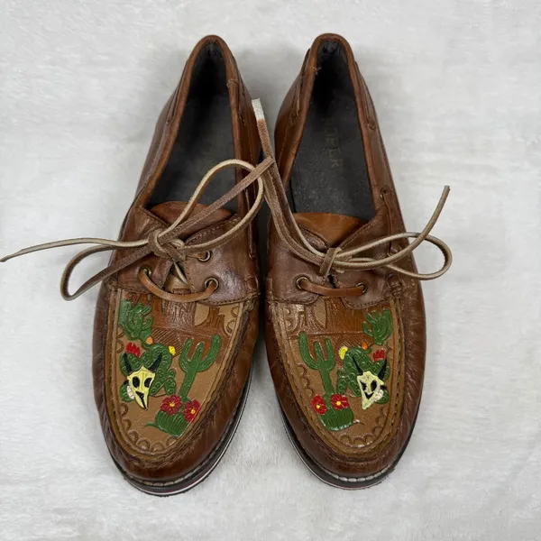 Roper Brown Leather‎ Hand Painted Cactus Skull Boat Shoes Moccasins 9 - Image 4