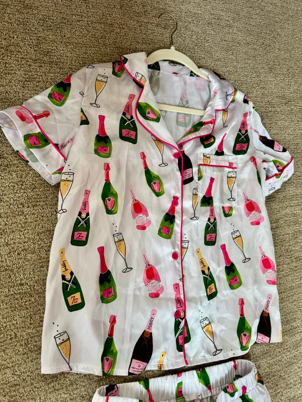 Champagne Bottle Print Silk Pajama Set White - Image 2