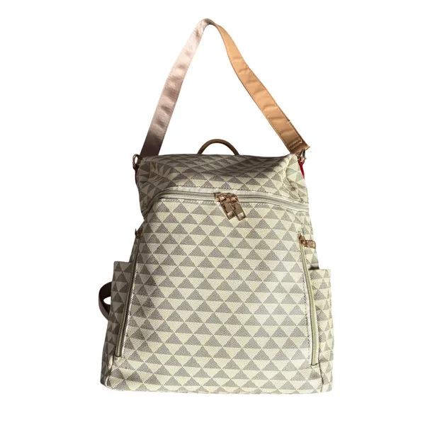 Geometric Print Convertible Backpack Bag Travel Tote Cream Taupe - Image 7
