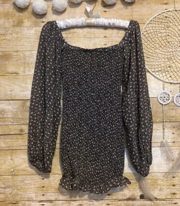 Beginning Boutique Off Shoulder Puffy Sleeve Shirred Dress - Image 5