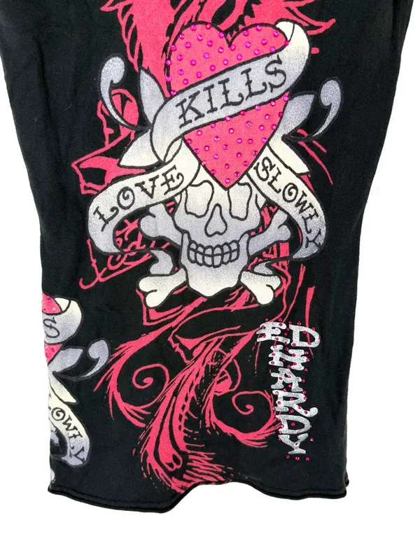 VINTAGE Y2K Ed Hardy AOP Embellished Love Kills Slowly Skull Butterfly Tee - Image 7