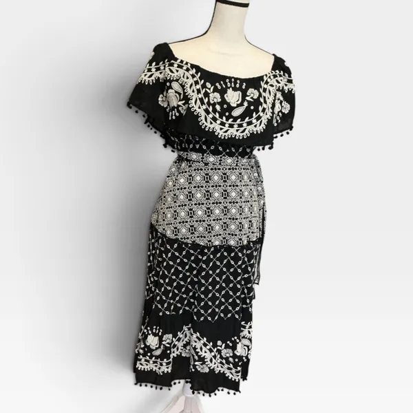 Anthropologie Black Embroidered Cotton Midi Dress Smocked Waist Pom Pom Trim 12 - Image 2