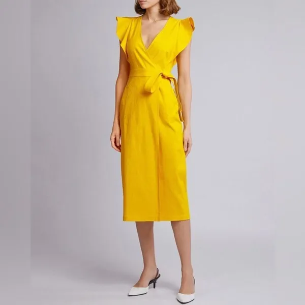 A.L.C. Walker Yellow Linen Blend Wrap Midi Dress Ruffle Sleeve Size 4 - Image 3