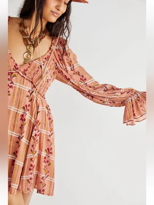 Free People Jackie Mini Dress M Rust Floral Plaid Boho NWOT - Image 3
