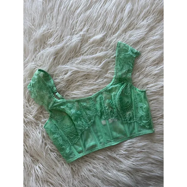 Victoria’s Secret Boho Floral Embroidery Cap Sleeve Corset Top Clueless Green M - Image 4