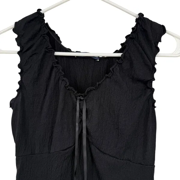 Brandy Melville Black Crinkle Ruffle‎ Tank Top Ribbon Tie OS Whimsigoth Romantic - Image 2