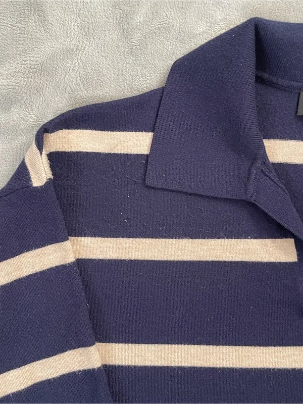 TRUTH Navy and Cream Striped Knit Polo Sweater XL preppy classic nautical fall - Image 7