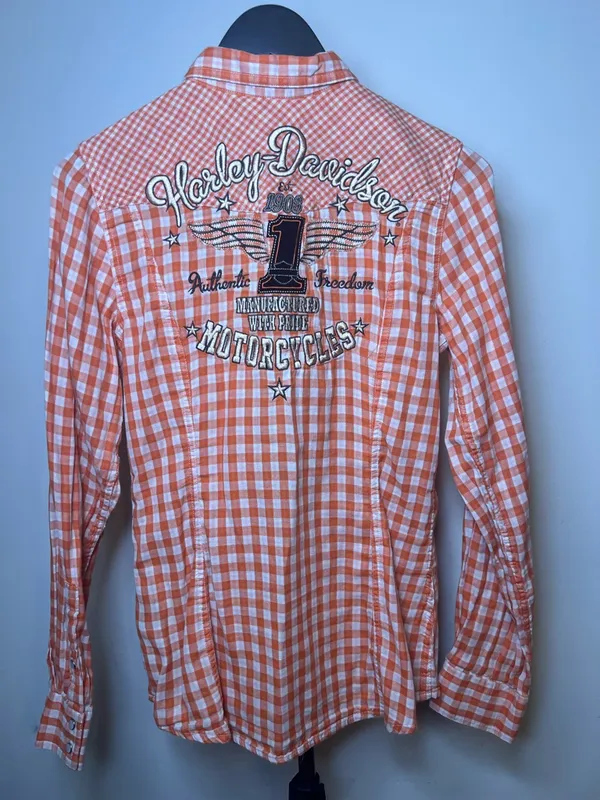 Harley Davidson Orange Gingham Snap Shirt‎ Embroidered Back Small - Image 2