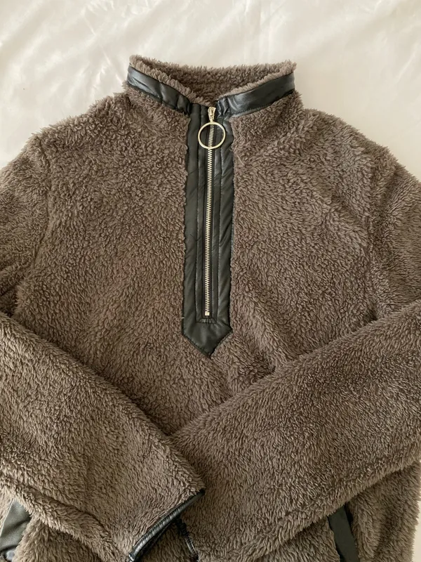 SheIn Brown Teddy Pullover With Black Pleather Lining - Image 2