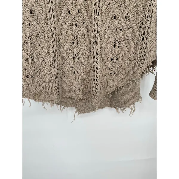 Free People Taupe Cable Knit V-Neck Sweater‎ Distressed Hem Oversized Size XS - Image 3