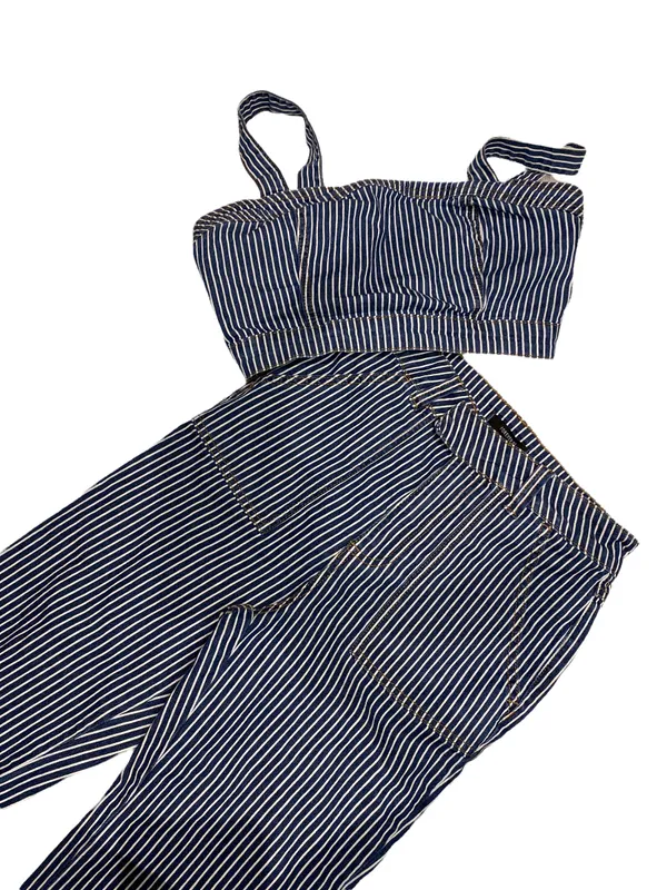 Forever 21 Striped Denim Crop Top and Wide Leg Jean 2 Piece Set Size Small - Image 5