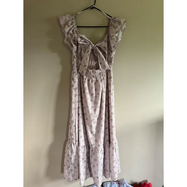 Altard State Floral Ruffle‎ Midi Dress Pink Tan Smocked Tie Back Cottagecore M - Image 2