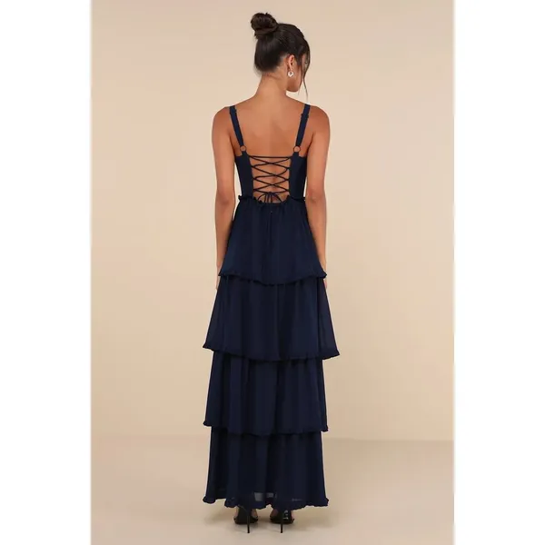 Lulus Sophisticated Occasion Navy Blue Bustier Lace-Up Maxi Dress Size L - Image 3