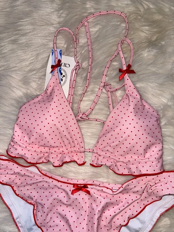 CIDER Pink Polka Dot Ruffle Triangle Bikini Large NWT COQUETTE GIRLY FEMININE - Image 5