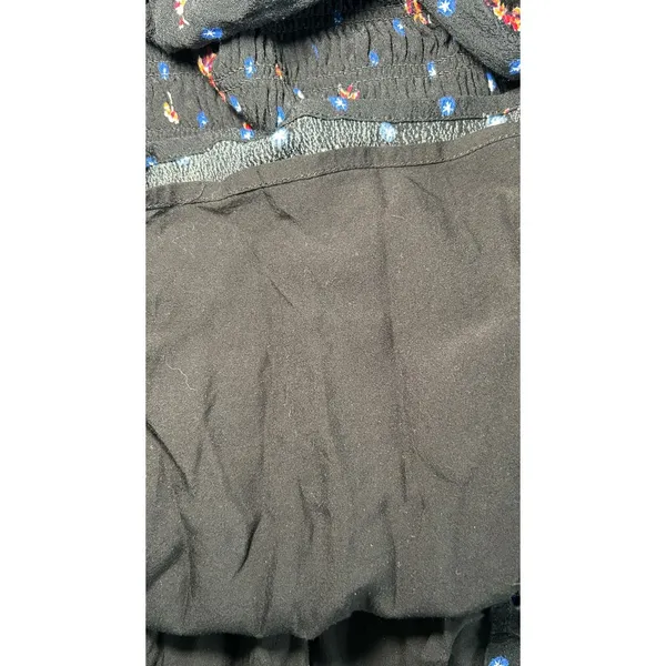 Free People Smocked Mini Dress M‎ Black Floral Square Neck Boho Long Sleeve - Image 7