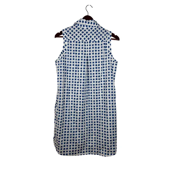 Vineyard Vines Shirt Dress 8 Blue White Block Print Sleeveless Made in Italy - Image 6