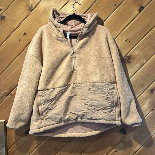 Fabletics Lotta Sherpa Half Zip Hooded Sweatshirt Jacket in peach tan - Image 6