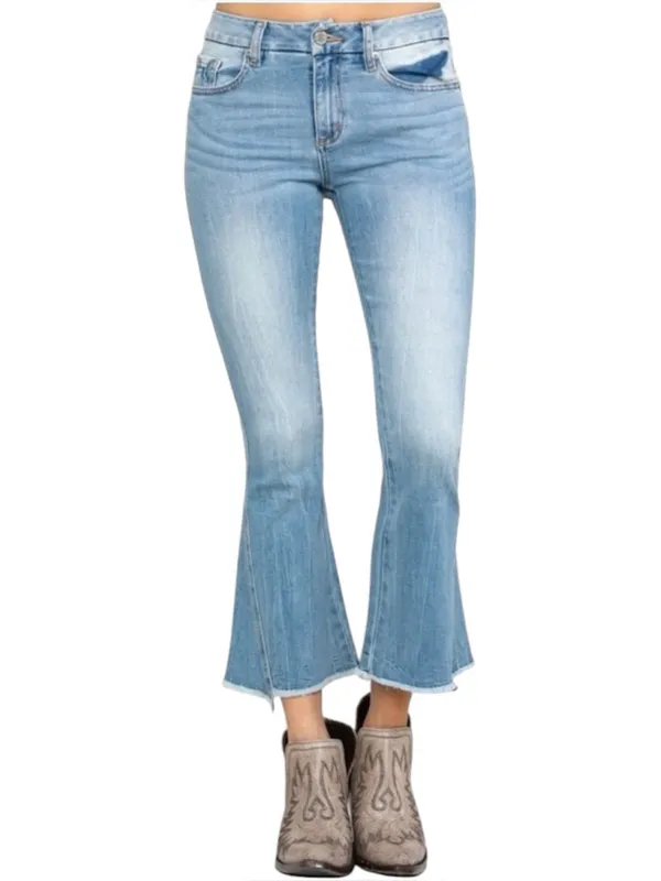 MISS ME Denim Crop Flare Jeans Light Wash Raw Hem Womens 32 x 26 Stretch M2190FL - Image 3