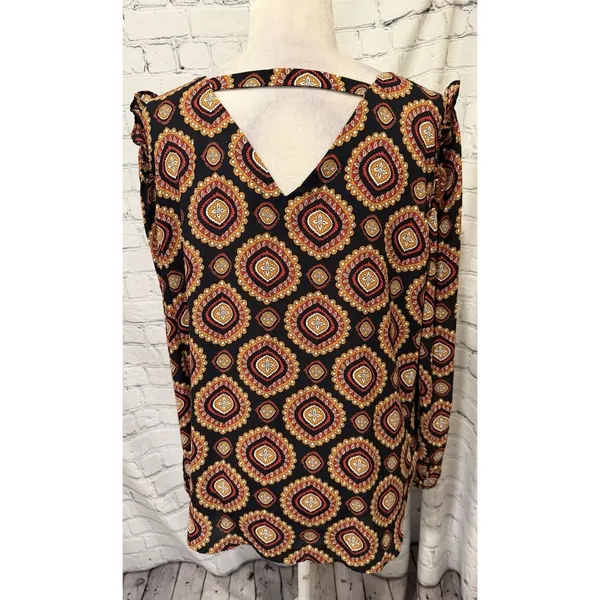 Ann Taylor LOFT Medallion Ruffle Shoulder Bar Back Blouse Long Sleeve Top Large - Image 6