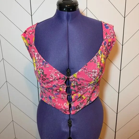 AFRM Myla Corset Womens Large Pink Floral Short Sleeve Open Front Crop Top - Image 2