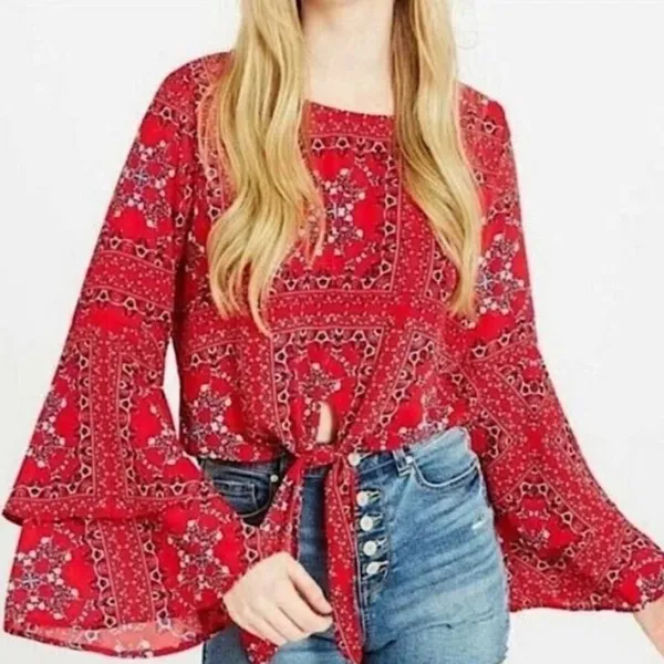 Altar’d State Mackenzie Handkerchief Red Crop Top Blouse Boho Hippie Beach - Image 2