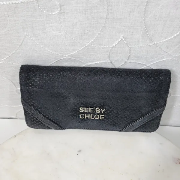 See By Chloe Checkbook Wallet 7.25" Black Soft Embossed Leather Bi-Fold Clutch - Image 2