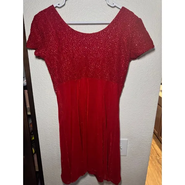 Vintage Molly Malloy Evening Red Glitter Lace Empire Waist Cocktail Dress Womens - Image 5